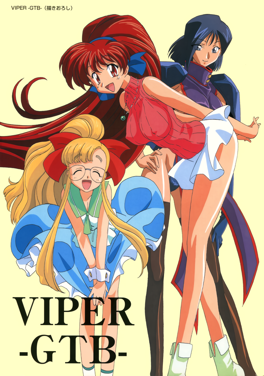 3girls, armor, asymmetrical_bangs, black_eyes, black_hair, breasts, brown_legwear, cleavage