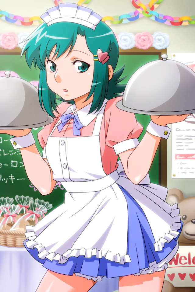 1girl, :o, apron, blue_skirt, chalkboard, cowboy_shot, flipped_hair, green_eyes