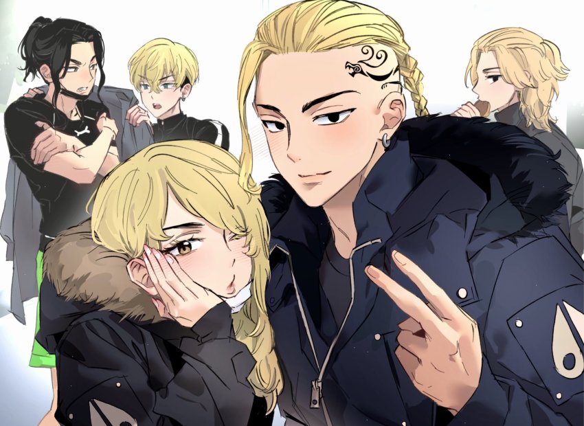 1girl, 4boys, akarui_0, baji_keisuke, black_eyes, black_hair, black_jacket, black_shirt, blonde_hair, blue_eyes, blush, braid, braided_ponytail, closed_mouth, cowboy_shot, crossed_arms, earrings, eating, empty_eyes, food, fur_trim, green_shorts, hand_up, high_ponytail, highres, holding, holding_food, holding_jacket, holding_unworn_clothes, jacket, jewelry, long_hair, looking_at_viewer, matsuno_chifuyu, medium_hair, multiple_boys, o3o, one_eye_closed, open_mouth, ponytail, profile, ryuuguuji_ken, sano_emma, sano_manjirou, shirt, short_sleeves, shorts, simple_background, single_braid, single_earring, smile, standing, tattoo, tokyo_revengers, undercut, unworn_jacket, upper_body, v, white_background