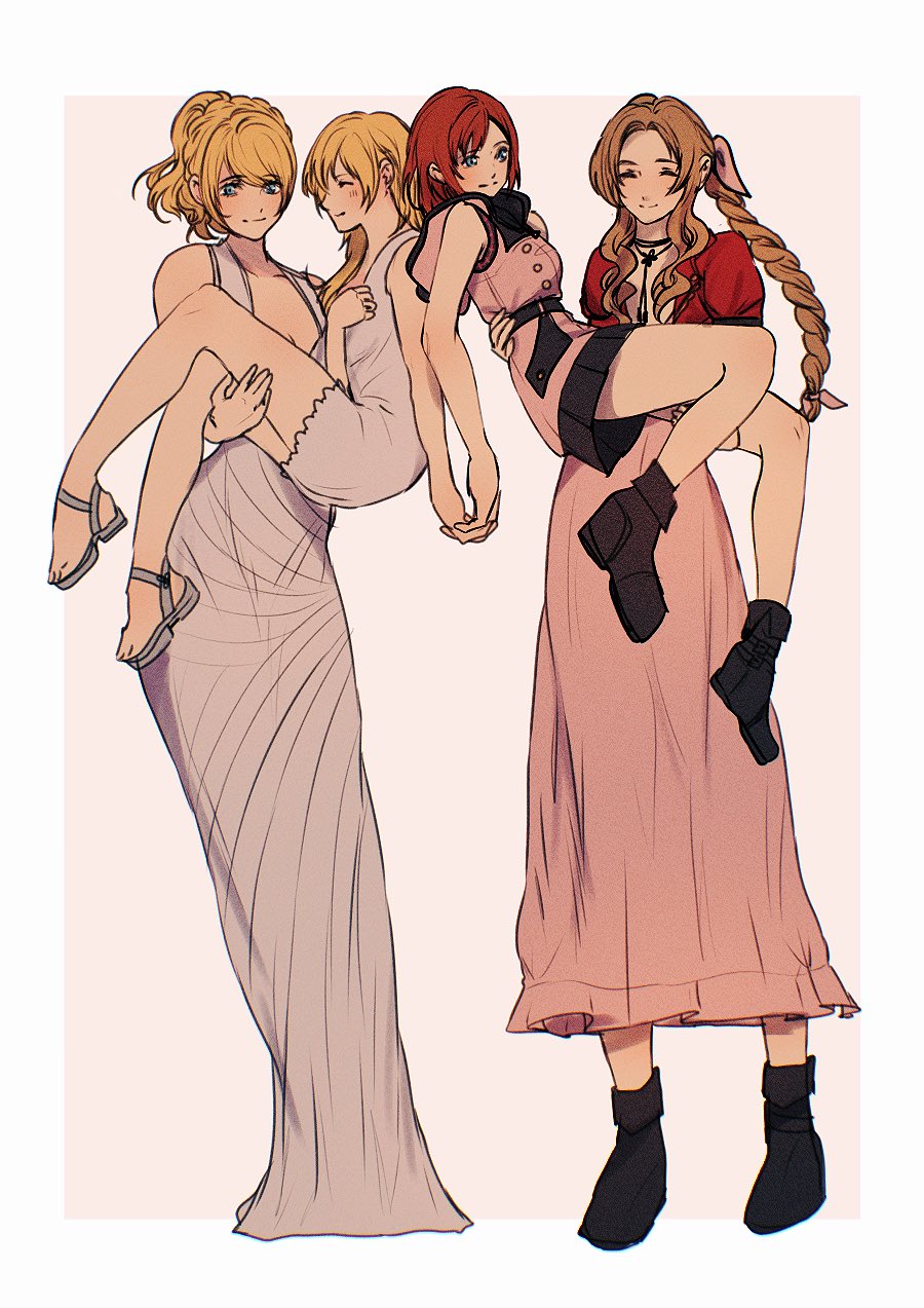 4girls, aerith_gainsborough, blonde_hair, blue_eyes, boots, braid, brown_hair, carrying, closed_eyes, dress, final_fantasy, final_fantasy_vii, final_fantasy_vii_remake, final_fantasy_xv, hair_between_eyes, highres, kairi_(kingdom_hearts), kingdom_hearts, long_hair, lunafreya_nox_fleuret, multiple_girls, namine, pink_dress, ponytail, red_hair, sandals, sera_(serappi), short_hair, square_enix, white_dress