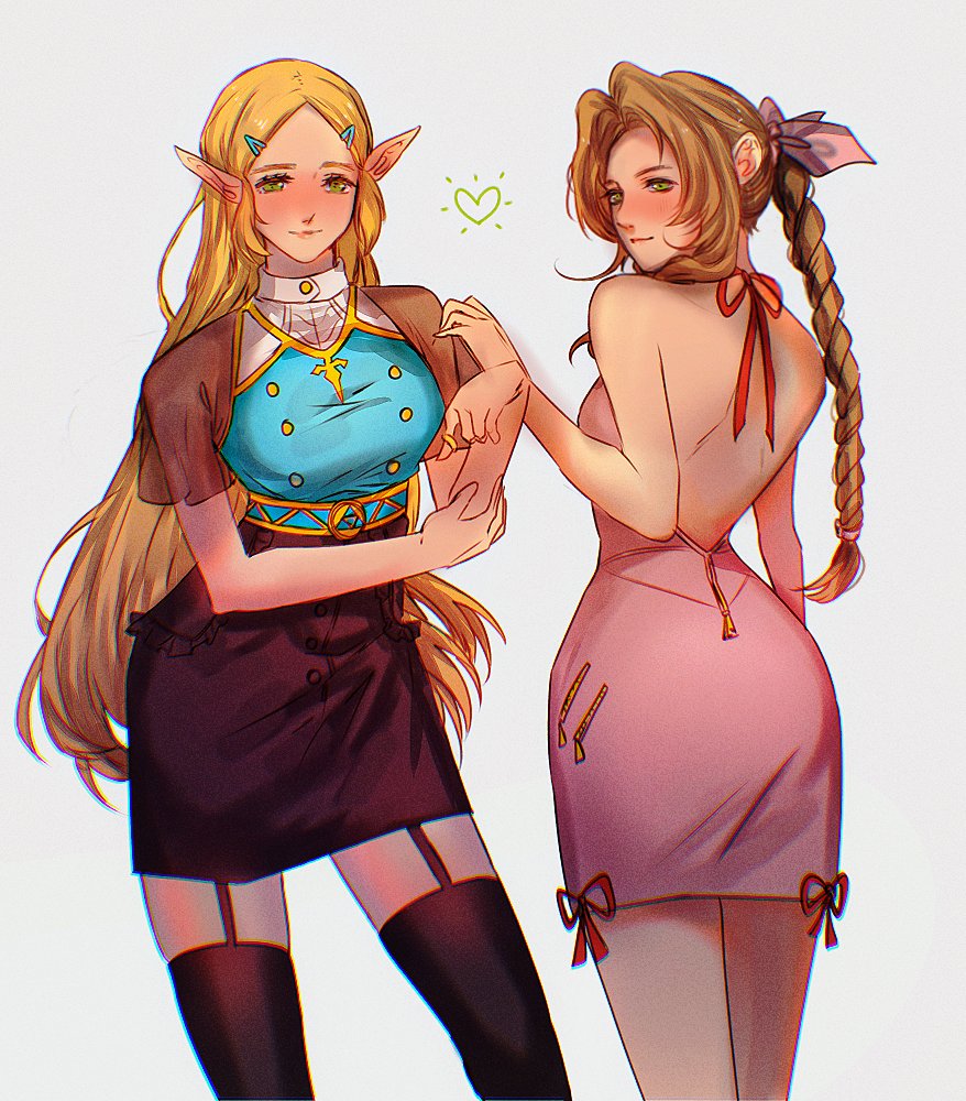 2girls, aerith_gainsborough, backless_dress, backless_outfit, black_thighhighs, blonde_hair, braid, breasts, brown_hair, dress, elf, final_fantasy, final_fantasy_vii, final_fantasy_vii_remake, garter_straps, green_eyes, hair_ornament, halterneck, heart, hand_on_own_arm, long_hair, multiple_girls, nintendo, pink_dress, pointy_ears, princess_zelda, ribbon, sera_(serappi), skirt, spoken_heart, square_enix, standing, the_legend_of_zelda, the_legend_of_zelda:_breath_of_the_wild, thighhighs, zettai_ryouiki