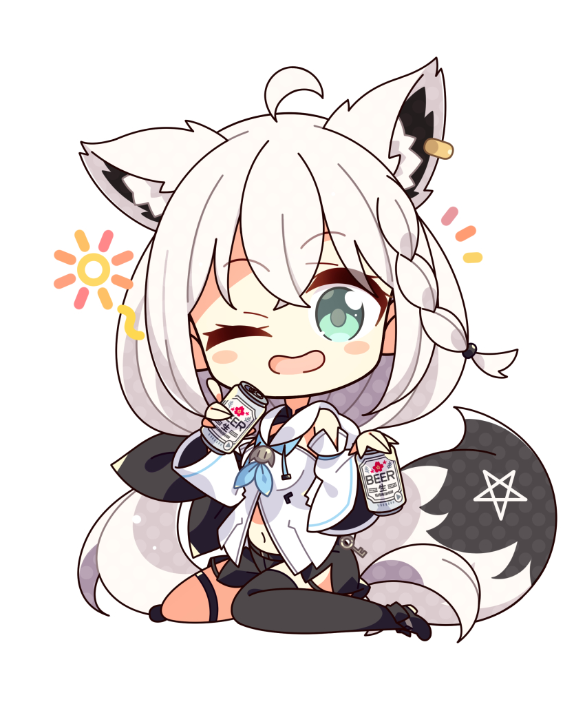 1girl, 7:08, absurdres, ahoge, animal_ear_fluff, animal_ears, beer_can, black_bow