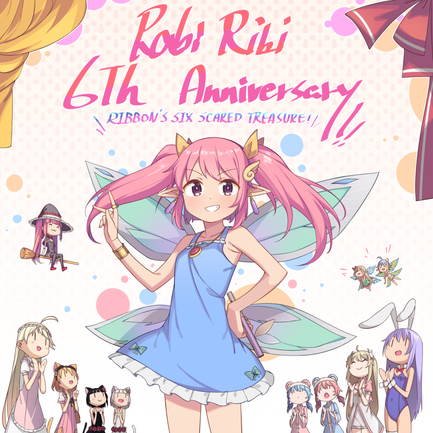 6+girls, anniversary, ashuri_(rabi-ribi), bare_arms, bare_shoulders, blue_dress, bracelet, chibi, chocolate_(rabi_ribi), cocoa_(rabi_ribi), commentary, copyright_name, dress, earrings, english_commentary, english_text, erina_(rabi-ribi), fairy_wings, flute, frilled_dress, frills, grin, hair_ornament, hairclip, hand_on_hip, highres, instrument, jewelry, lilli_(rabi-ribi), long_hair, looking_at_viewer, miriam_(rabi_ribi), multiple_girls, necklace, nieve_(rabi_ribi), nixie_(rabi_ribi), official_art, pink_eyes, pink_hair, pixie_(rabi-ribi), pointy_ears, rabi-ribi, ribbon_(rabi-ribi), ring, rumi_(rabi_ribi), saiste, sleeveless, sleeveless_dress, smile, twintails, vanilla_(rabi_ribi), wing_hair_ornament, wings, |_|