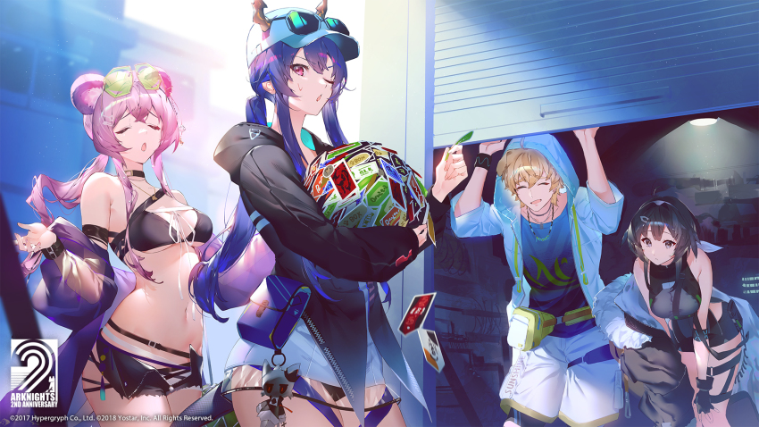 1boy, 3girls, ;o, animal_ear_fluff, animal_ears, anniversary, arknights, armlet