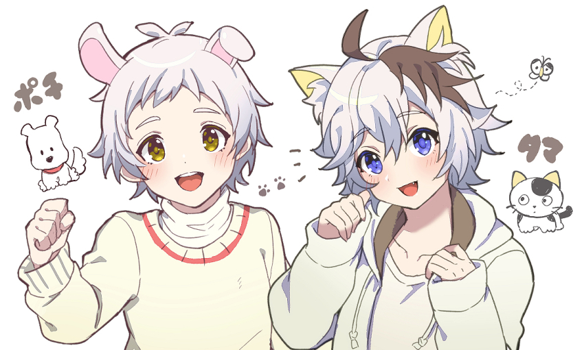 2boys, ahoge, animal, animal_ear_fluff, animal_ears, blue_eyes, blush, bug, butterfly, cat, cat_boy, cat_ears, commentary_request, dog, dog_boy, dog_ears, fang, hood, hood_down, insect, jacket, long_sleeves, looking_at_viewer, male_focus, multicolored_hair, multiple_boys, okamoto_tama, open_mouth, paw_print, simple_background, streaked_hair, sweater, uchi_no_tama_shirimasen_ka?, upper_body, white_background, white_hair, yamada_pochi, yellow_eyes, yoruhachi