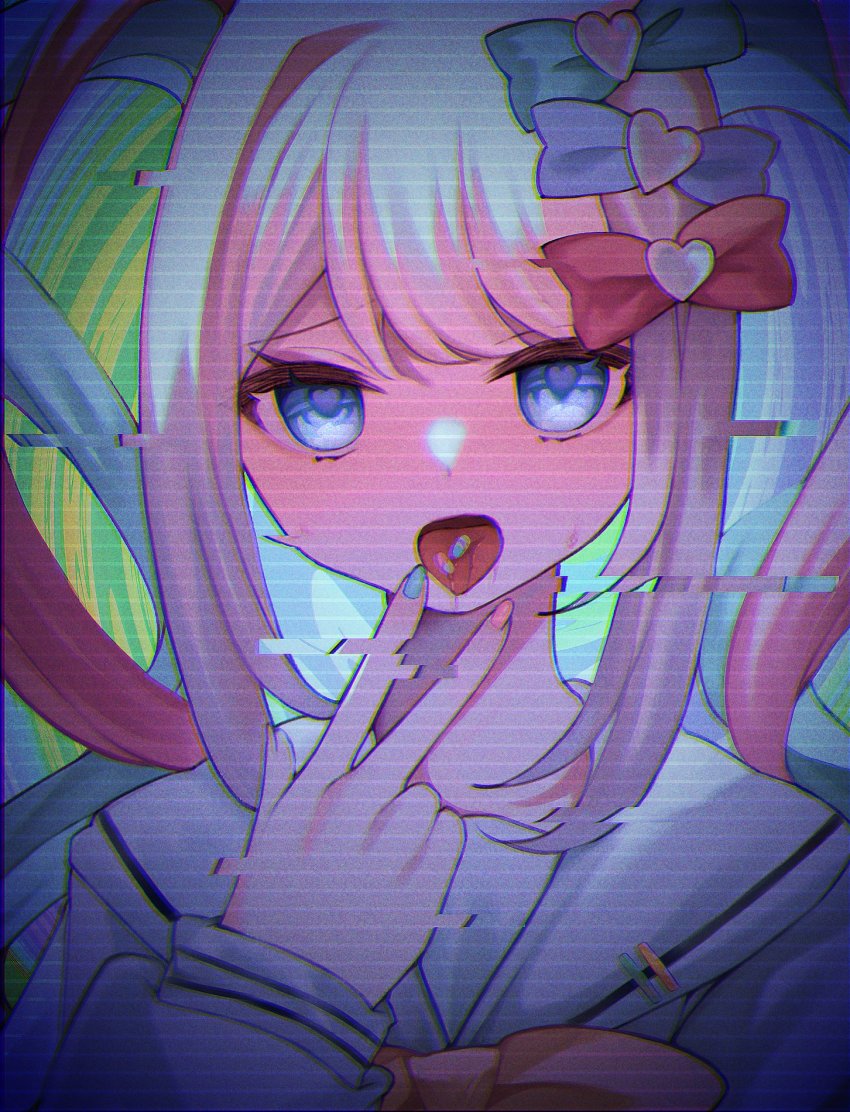 1girl, ame-chan_(needy_girl_overdose), blue_bow, blue_eyes, blue_hair, blue_nails, bow, chouzetsusaikawa_tenshi-chan, costume, drugs, eyelashes, facing_viewer, glitch, green_bow, heart, heart-shaped_pupils, heart_in_eye, highres, ikukiri_yuri, jacket, long_sleeves, looking_at_viewer, multicolored_background, multicolored_hair, multicolored_nails, nail_polish, needy_girl_overdose, open_mouth, pill, pink_hair, pink_nails, psychedelic, red_bow, side_ponytail, sidelocks, solo, symbol-shaped_pupils, symbol_in_eye, tongue, twintails, upper_body, white_hair