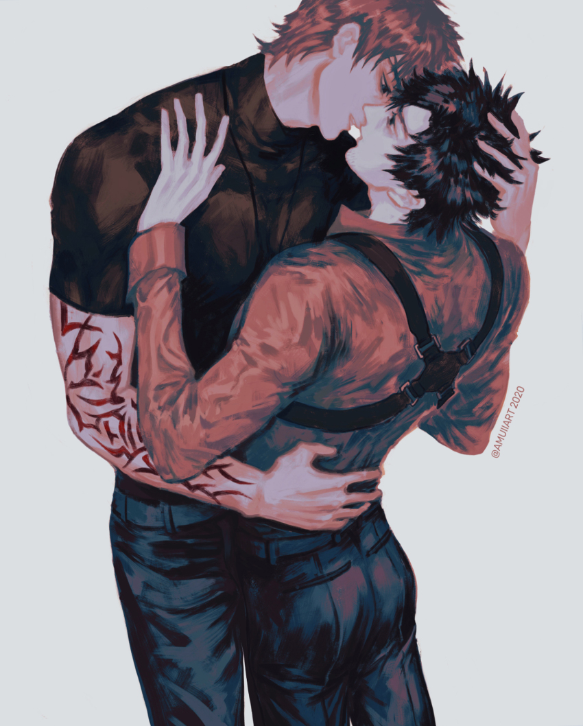 2boys, amuii, arm_tattoo, chest_belt, command_spell, dress_shirt, emiya_kiritsugu, fate/zero