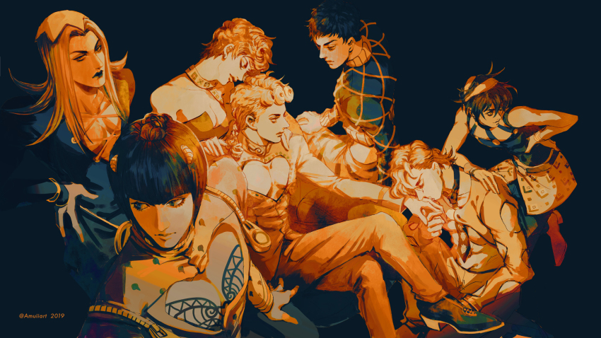 1girl, 6+boys, amuii, argyle_clothes, argyle_sweater, blunt_bangs, bob_cut, braid