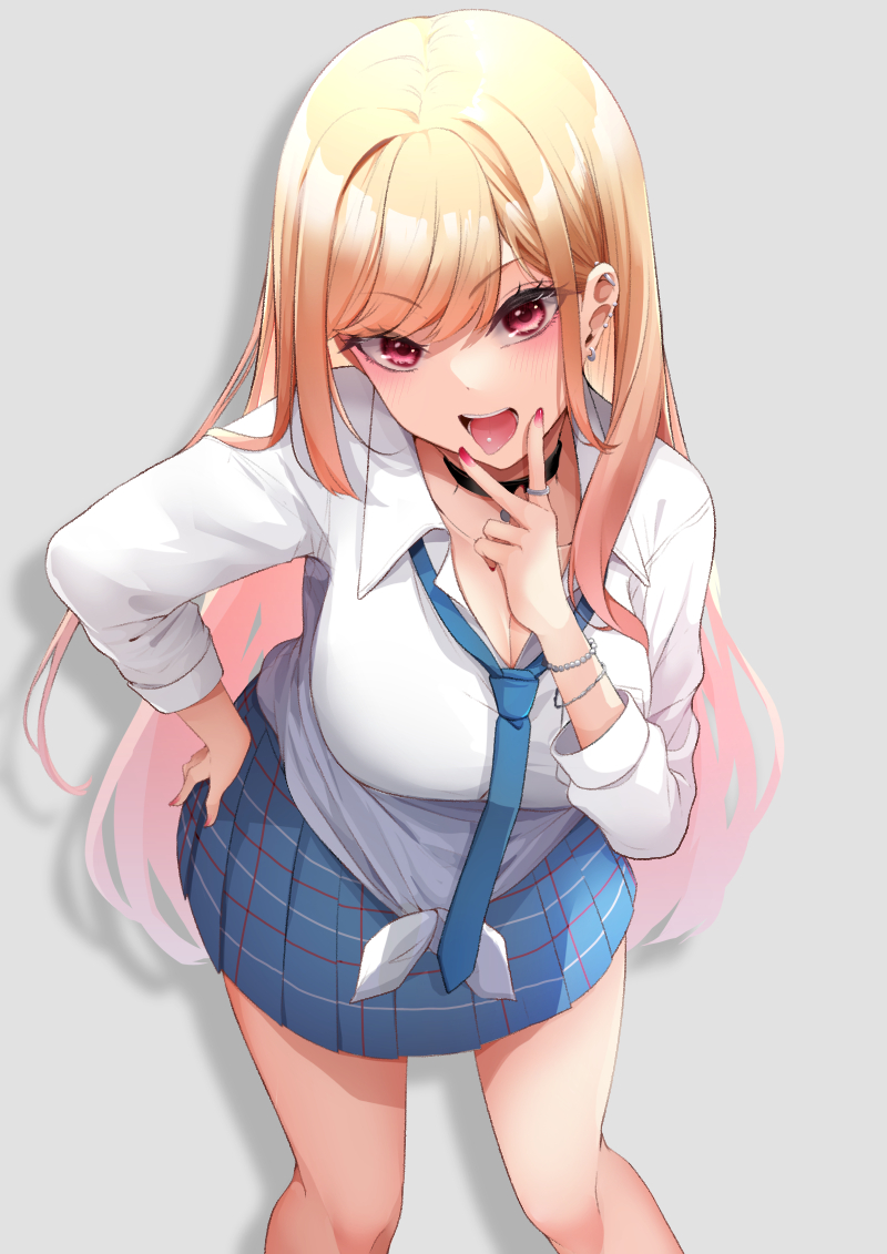 1girl, blonde_hair, blue_necktie, blue_skirt, breasts, cleavage, collared_shirt, commentary_request