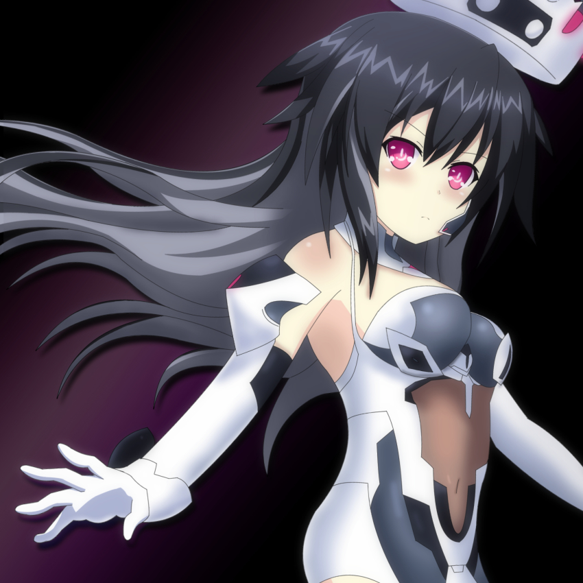 armpits, bare_shoulders, black_hair, bodysuit, breasts, dark_background, frown, gloves