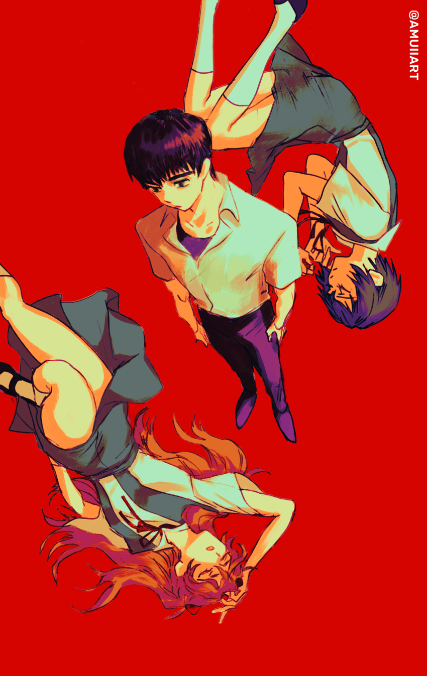 1boy, 2girls, amuii, ayanami_rei, black_hair, blue_hair, fetal_position, highres