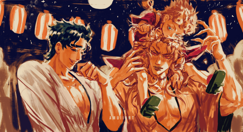 3boys, alternate_costume, amuii, black_hair, blonde_hair, carrying, dio_brando, family, father_and_child, father_and_son, festival, full_moon, geta, giorno_giovanna, highres, japanese_clothes, jojo_no_kimyou_na_bouken, jonathan_joestar, kimono, lantern, lantern_festival, male_focus, moon, multiple_boys, muted_color, paper_lantern, parent_and_child, pectoral_cleavage, pectorals, sandals, scar, scar_on_neck, shoulder_carry, sky_lantern, stitches