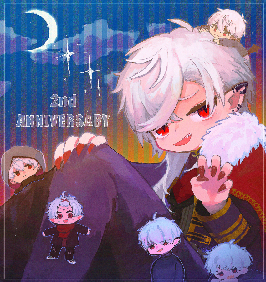 6+boys, :d, black_gloves, black_pants, black_sweater, cape, chibi, cloud