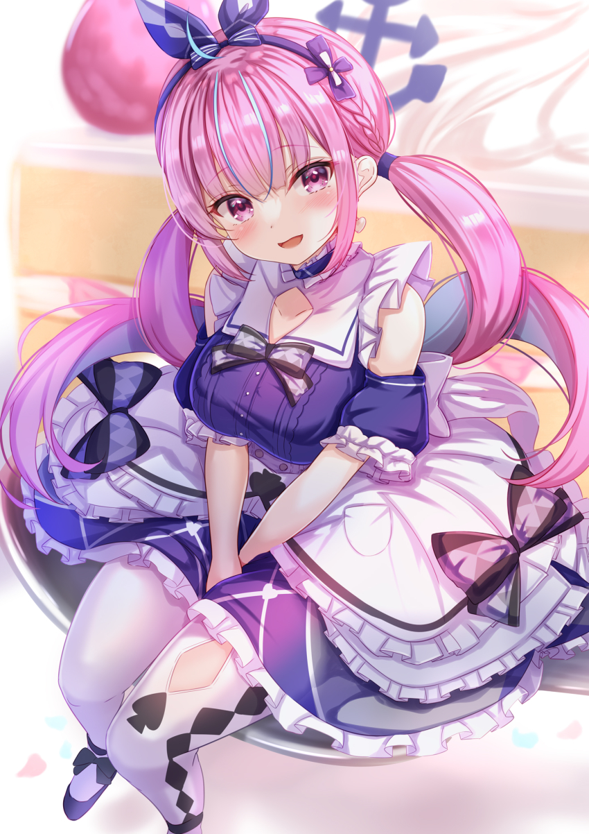 1girl, :d, black_bow, black_bowtie, blue_hair, blush, bow, bow_hairband