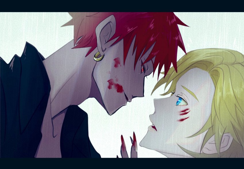 2boys, aeka_(0ameiro0), blonde_hair, blood, blue_eyes, colored_skin, glalda, kurda_smahlt, letterboxed, multiple_boys, purple_skin, red_eyes, red_hair, scar, scar_on_face, short_hair, the_saga_of_darren_shan, yaoi