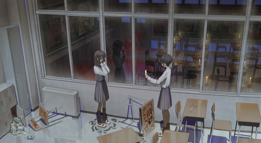 2girls, absurdres, black_hair, blood, blood_on_ground, blue_flower, brown_hair, bullying, candle, cellphone, classroom, cutting_another's_hair, cutting_hair, desk, different_reflection, flower, full_body, graffiti, hair_tie, hands_on_own_face, highres, holding, holding_phone, indoors, kenharu, kneehighs, long_hair, long_skirt, medium_hair, memorial_on_desk, multiple_girls, night, original, phone, pleated_skirt, ponytail, recording, reflection, school, school_desk, school_uniform, scissors, severed_hair, shirt, sidelocks, skirt, smartphone, socks, standing, trash, white_shirt, window