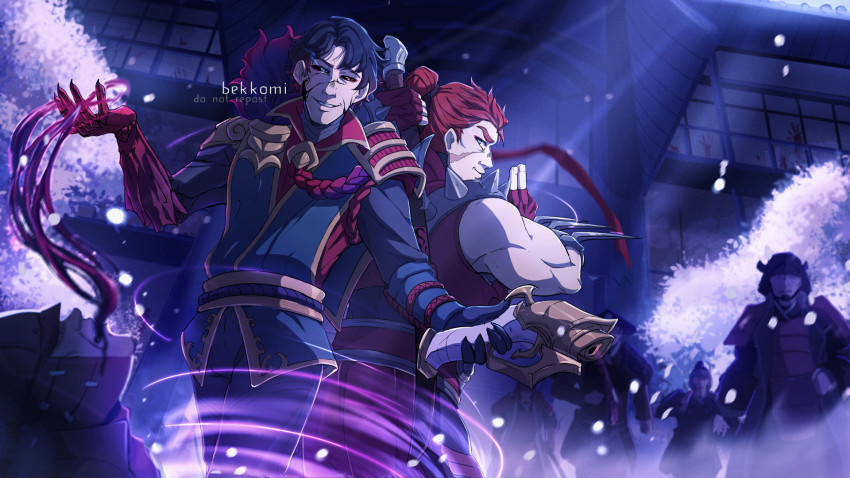 6+boys, armor, artist_name, back-to-back, bekkomi, black_hair, black_pants, black_sclera, blood, blood_moon_jhin, blood_moon_shen, blue_eyes, colored_sclera, commentary, cowboy_shot, fingerless_gloves, gloves, glowing, glowing_eyes, grin, gun, hair_bun, highres, holding, holding_weapon, jhin, league_of_legends, long_sleeves, magic, multiple_boys, muscular, muscular_male, no_mask, outdoors, pants, petals, red_eyes, red_gloves, red_hair, rope, samurai, shen_(league_of_legends), short_hair, single_hair_bun, smile, standing, teeth, tree, watermark, weapon, weapon_on_back