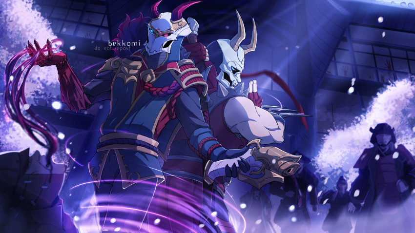 6+boys, armor, artist_name, back-to-back, bekkomi, black_pants, blood, blood_moon_jhin, blood_moon_shen, blue_eyes, cowboy_shot, fingerless_gloves, gloves, glowing, glowing_eyes, gun, heterochromia, highres, holding, holding_weapon, horned_mask, jhin, league_of_legends, long_sleeves, magic, mask, multiple_boys, muscular, muscular_male, outdoors, pants, petals, red_eyes, red_gloves, rope, samurai, shen_(league_of_legends), standing, tree, watermark, weapon