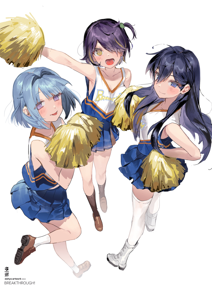 3girls, absurdres, bare_arms, blue_eyes, blue_hair, blue_skirt, blush, boots