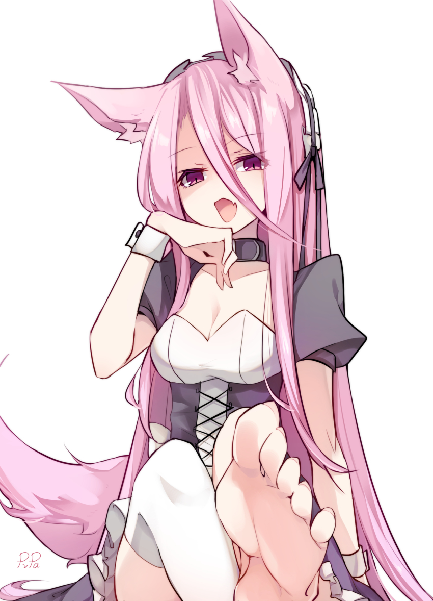 1girl, absurdres, animal_ear_fluff, animal_ears, arm_at_side, artist_name, black_collar, black_dress