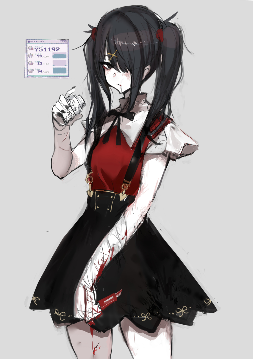 1girl, absurdres, ame-chan_(needy_girl_overdose), bandages, black_bow, black_hair, black_nails, black_skirt, blood, blood_on_hands, bloody_weapon, bow, breasts, calendar_(object), chuhaibane, drooling, drugs, grey_background, grey_eyes, heart, highres, knife, medicine, medicine_bottle, messy_hair, nail_polish, needy_girl_overdose, one_eye_covered, pill, pill_bottle, saliva, self-harm, self_harm, short_hair, short_sleeves, side_ponytail, sidelocks, simple_background, skirt, small_breasts, solo, suspender_skirt, suspenders, thighs, twintails, weapon