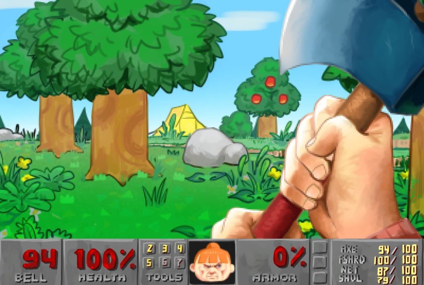 ambiguous_gender, animal_crossing, apple, axe, blunt_bangs, crossover, doom_(series), doom_i, doomguy, food, fruit, golaegun, grass, nintendo, orange_hair, pov, rock, solo, tent, tree, villager_(animal_crossing)