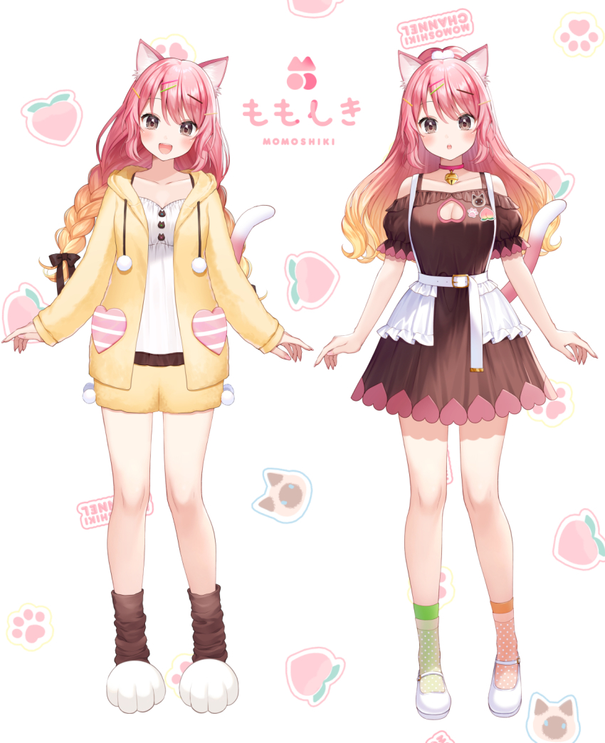 1girl, :o, animal_ears, artist_name, asymmetrical_legwear, bell, breasts, brown_eyes