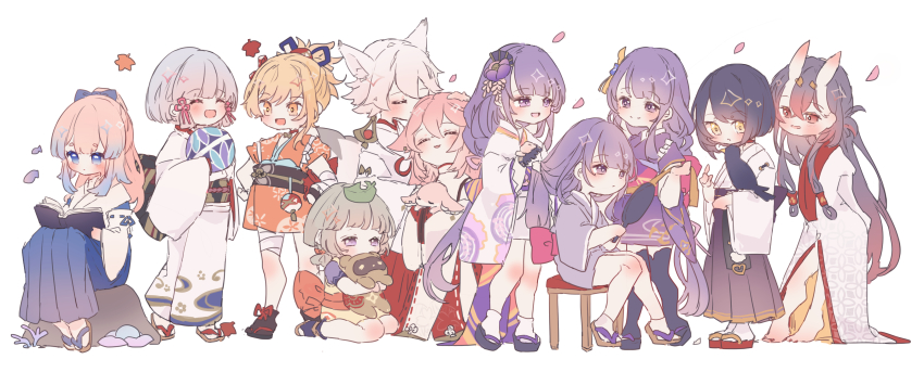1boy, 6+girls, :d, ^_^, absurdres, aged_down, animal_ears, animal_on_arm