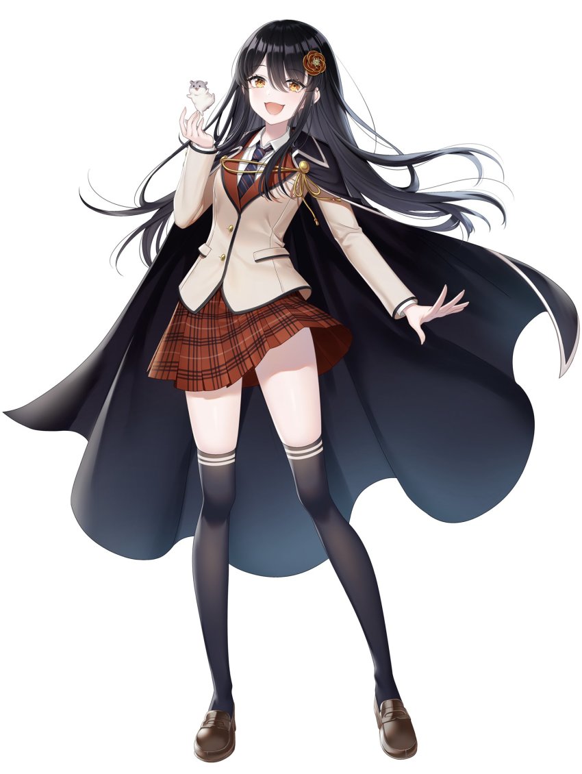 1girl, arm_at_side, black_hair, cape, character_request, collared_shirt, creature, flower, hair_flower, hair_ornament, hamster, hand_up, highres, jacket, loafers, long_hair, looking_at_viewer, mairo, necktie, open_mouth, orange_eyes, pleated_skirt, school_uniform, seven_carat, shirt, shoes, simple_background, skirt, smile, solo, thighhighs, virtual_youtuber, white_background