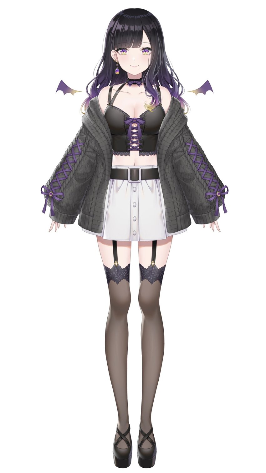 1girl, arms_at_sides, black_hair, breasts, choker, cleavage, closed_mouth, earrings, garter_straps, gradient_hair, highres, jewelry, lace_trim, long_hair, looking_at_viewer, mairo, medium_breasts, mole, mole_under_mouth, multicolored_eyes, multicolored_hair, off_shoulder, purple_eyes, ribbon_trim, shinosaki_honoa, shoes, simple_background, skirt, smile, solo, standing, stardust_virtual_studio, sweater, thighhighs, virtual_youtuber, white_background