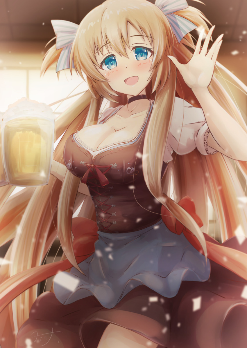 1girl, alcohol, apron, beer, beer_mug, blush, breasts, brown_dress, cleavage, collarbone, commission, cup, dirndl, dress, german_clothes, highres, holding, holding_cup, large_breasts, light_particles, liz_hohenstein, long_hair, looking_at_viewer, mug, muv-luv, muv-luv_alternative, open_hand, schwarzesmarken, skeb_commission, smile, solo, two_side_up, very_long_hair, window, yomitsuna