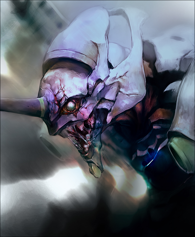 armor, bad_id, bad_pixiv_id, blood, damaged, elna, epic, eva_01, from_side, mecha, mecha_focus, neon_genesis_evangelion, no_humans, purple_armor, realistic, robot