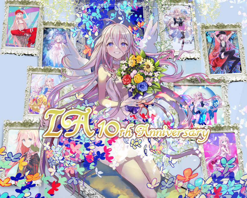 1girl, andedalive, angel_wings, anniversary, aqua_flower, argyle_clothes, argyle_skirt, artist_self-reference