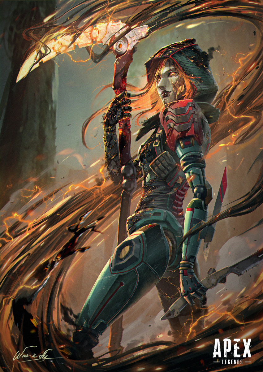 1girl, absurdres, android, apex_legends, arm_blade, ash_(titanfall_2), blood, bloody_weapon, copyright_name, dead_man's_curve, floating_hair, glowing, glowing_eyes, highres, holding, holding_scythe, holding_sword, holding_weapon, hood, hood_up, humanoid_robot, logo, medium_hair, metal_skin, open_hand, orange_eyes, orange_hair, revenant_(apex_legends), robot, scythe, simulacrum_(titanfall), solo_focus, sword, warren_nguyen, weapon