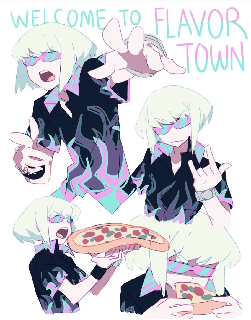 1boy, \m/, black_shirt, blue-tinted_eyewear, closed_mouth, commentary, constellor, cosplay, eating, english_commentary, english_text, flame_print, food, green_hair, guy_fieri, guy_fieri_(cosplay), highres, holding, holding_food, holding_pizza, iridescent, jewelry, lio_fotia, male_focus, meme, multiple_views, open_mouth, outstretched_arm, pink-tinted_eyewear, pizza, pointing, pointing_at_viewer, print_shirt, promare, ring, serious, shirt, short_hair, short_sleeves, sidelocks, simple_background, tinted_eyewear, v-shaped_eyebrows, watch, white_background, wristwatch