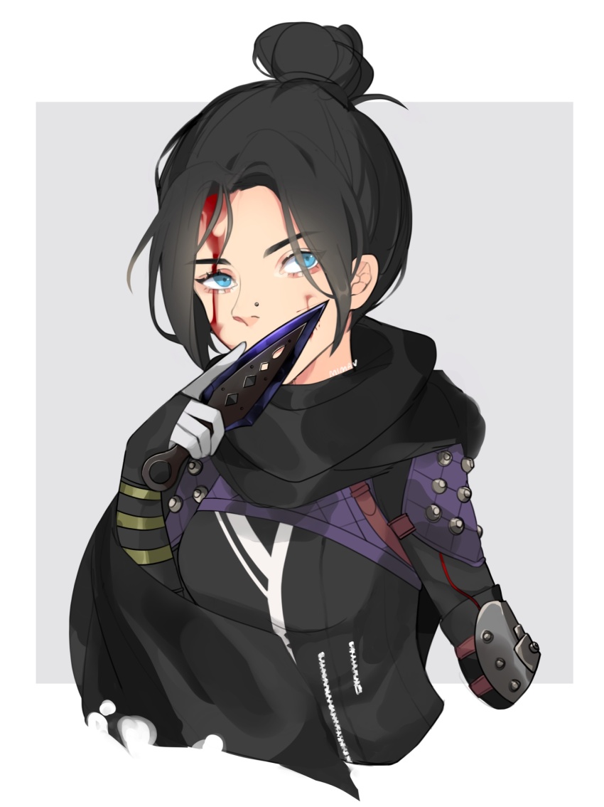 1girl, animification, apex_legends, black_bodysuit, black_hair, black_scarf, blood, blood_on_face
