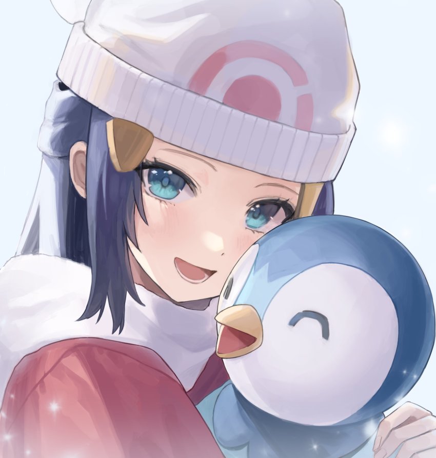 1girl, :d, absurdres, beanie, blue_background, blue_eyes, blue_hair, cheek-to-cheek