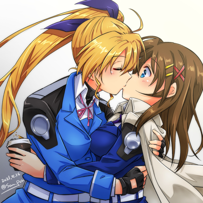 2girls, aged_up, belt, blonde_hair, blue_eyes, breast_press, brown_hair, cape