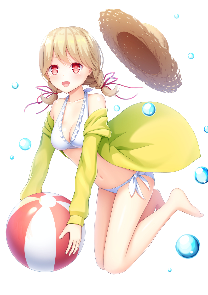 1girl, ball, bare_shoulders, barefoot, beachball, bikini, blonde_hair, braid