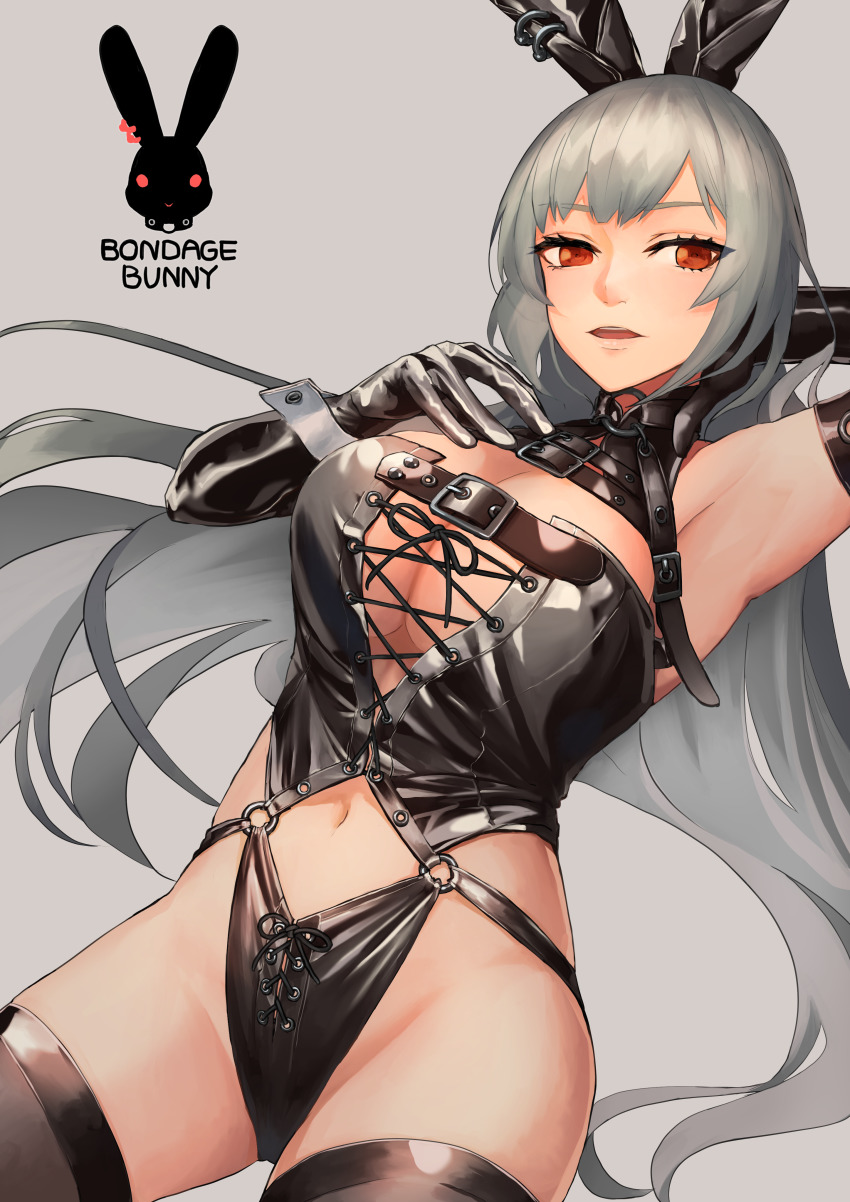 1girl, absurdres, animal_ears, arm_behind_head, bdsm, black_corset, black_gloves, black_panties, black_thighhighs, bondage, bondage_outfit, bound, breasts, cleavage, corset, elbow_gloves, fake_animal_ears, feet_out_of_frame, gloves, grey_hair, hakohako-does, hand_on_own_chest, highres, large_breasts, latex, latex_corset, latex_gloves, latex_leotard, leaning_back, leotard, long_hair, looking_at_viewer, open_mouth, original, panties, playboy_bunny, rabbit_ears, red_eyes, rubber_gloves, simple_background, solo, standing, thighhighs, underwear