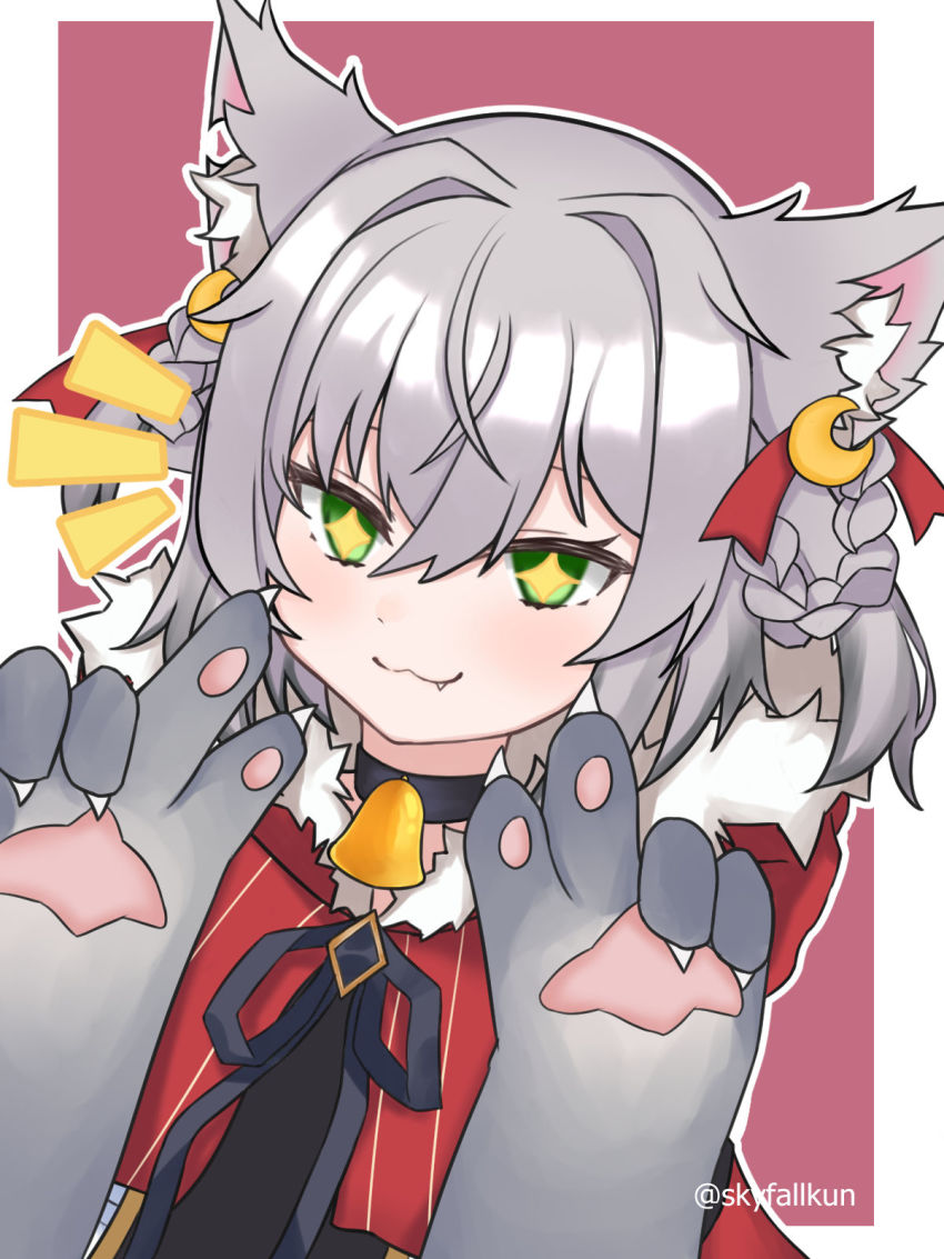 +_+, 1girl, animal_ear_fluff, animal_ears, animal_hands, bell, braid, braided_hair_rings