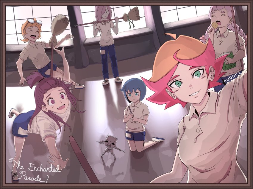 !, 6+girls, absurdres, alternate_costume, amanda_o'neill, bag_of_chips, blue_eyes, blue_hair