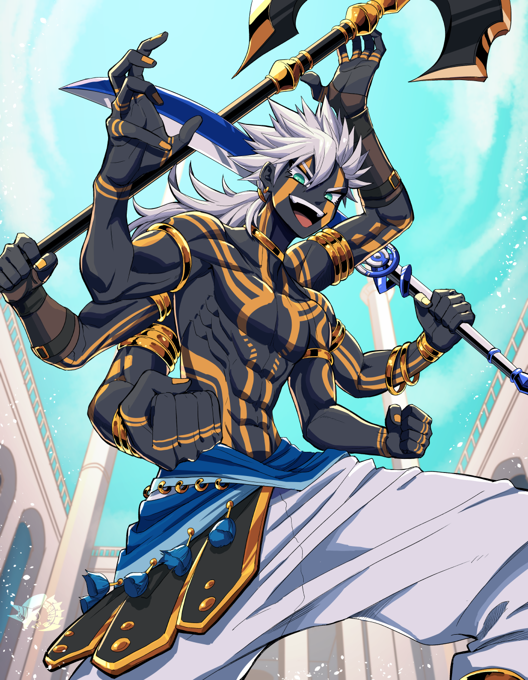 1boy, :d, abs, armlet, axe, black_skin, blue_eyes, blue_sky