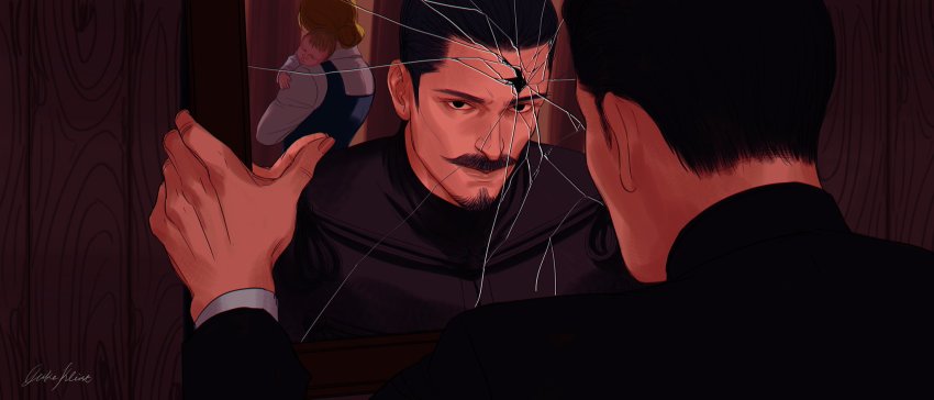 1boy, 2girls, baby, beard, black_hair, black_shirt, broken_mirror, duke_kleist