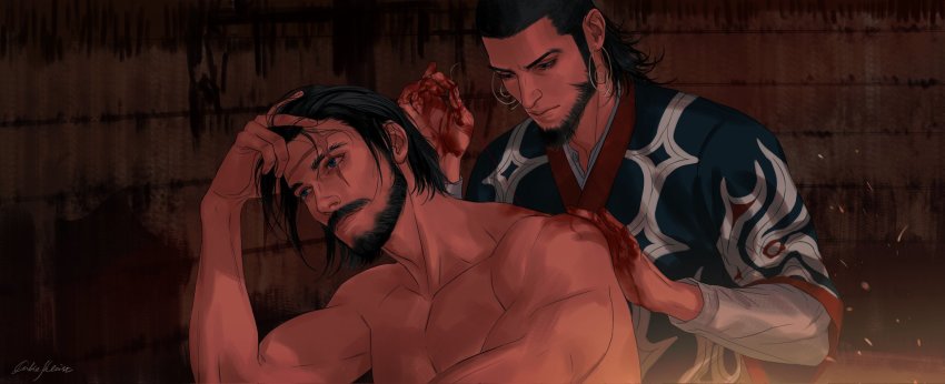 2boys, ainu_clothes, artist_name, beard, black_hair, blood, blood_on_hands, duke_kleist