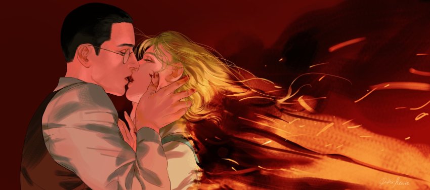 1boy, 1girl, artist_name, black_hair, blonde_hair, blood, blood_on_hands, brown_background, brown_vest, duke_kleist, closed_eyes, fina_(golden_kamuy), glasses, golden_kamuy, hetero, highres, husband_and_wife, kiss, long_sleeves, shirt, spoilers, tsurumi_tokushirou, vest, white_shirt