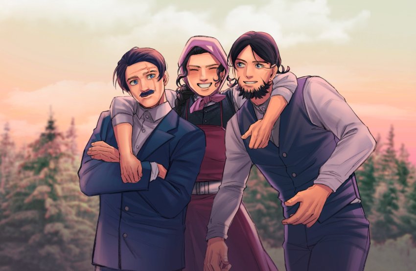 1girl, 2boys, arm_around_neck, beard, black_hair, blue_eyes, blurry, blurry_background