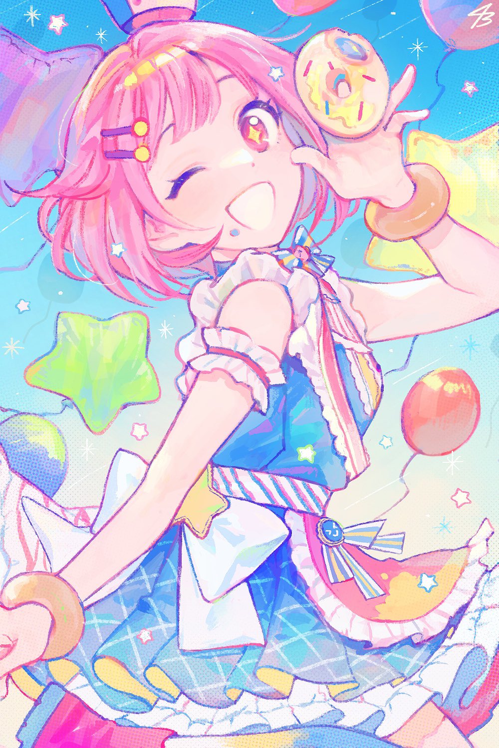 +_+, 1girl, 43_pon, ankle_boots, apron, argyle_clothes, argyle_dress, arm_at_side, artist_name, balloon, blue_dress, boots, bow, bracelet, colorful, donut, dot_nose, dress, food, food_on_face, frilled_apron, frilled_dress, frills, hair_between_eyes, hair_ornament, hairclip, hand_up, happy, head_tilt, highres, holding, holding_food, jewelry, looking_at_viewer, neck_ribbon, one_eye_closed, ootori_emu, pink_boots, pink_eyes, pink_hair, pleated_dress, pop_in_my_heart!!_(project_sekai), project_sekai, ribbon, short_dress, short_hair, smile, solo, sparkle, sprinkles, star_balloon, waist_bow, white_bow, wrist_cuffs