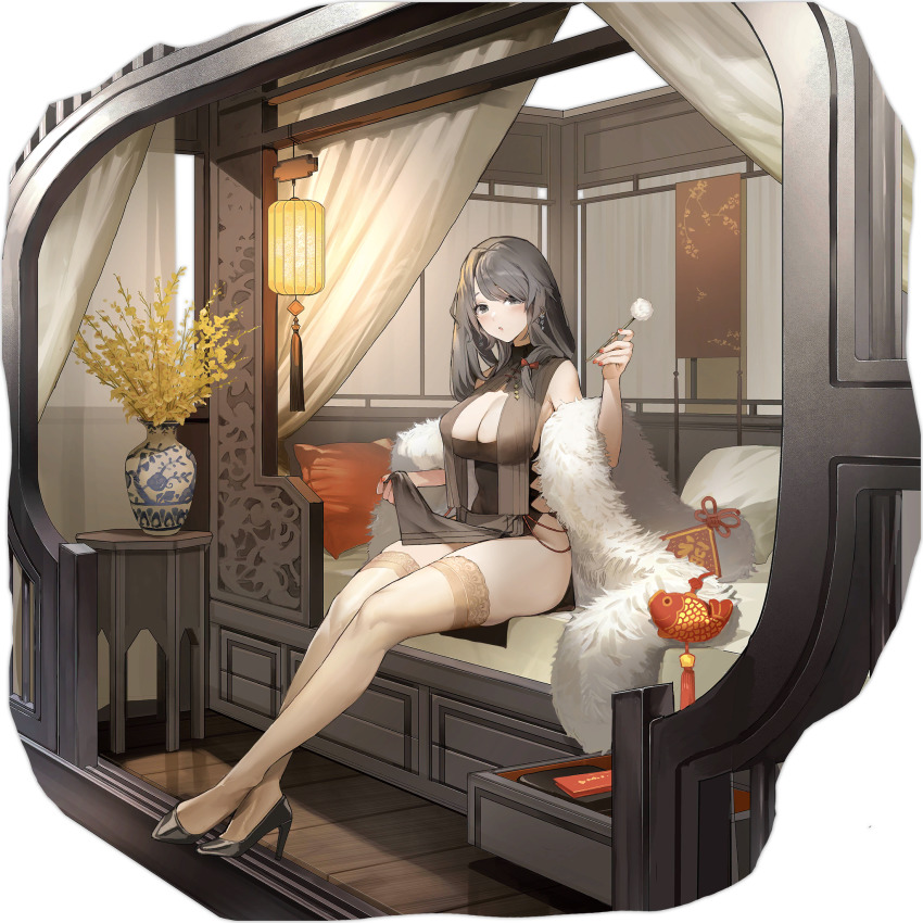 1girl, azur_lane, black_eyes, black_footwear, black_hair, breasts, charybdis_(azur_lane), charybdis_(red_chamber_of_healing)_(azur_lane)