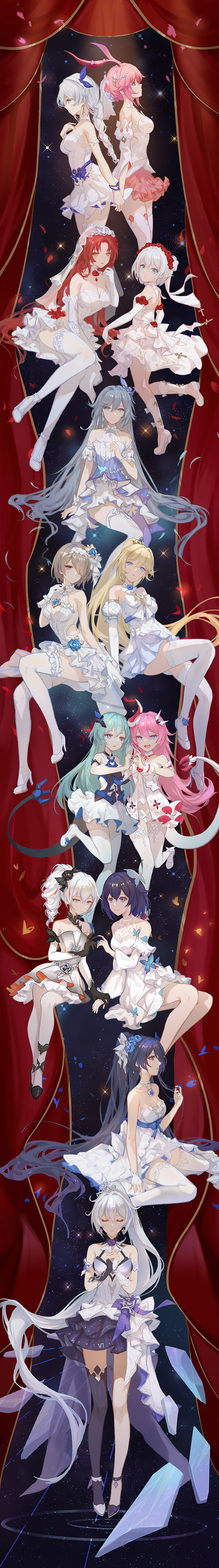 6+girls, absurdly_long_hair, absurdres, alternate_color, animal_ears, asymmetrical_footwear, asymmetrical_gloves, black_footwear